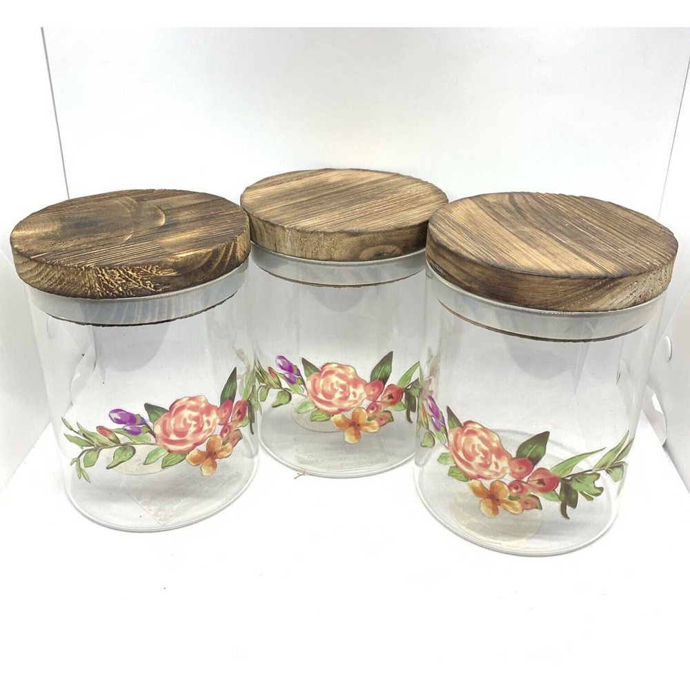 Ashland Glass Containers Wooden Lid Spring Easter Floral 4.75"x6.5" Lot of 3